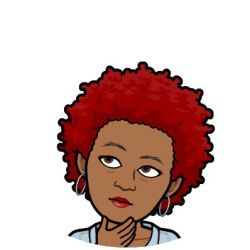 a comic-style portrait of MsDDom, a Black woman with a reddish-brown afro, brown eyes, and silver hoop earrings