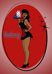 A 50's pin-up style sketch of a dark haired woman wearing a short  dark dress, a serving apron, high heels, and cateye shaped glasses.   She's holding a serving tray with a carton of milk and a stack of three large blueberries.  She's standing in front of a red oval shaped background.