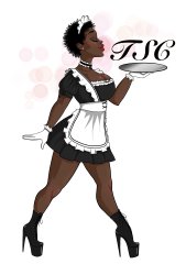 Graphic of a black femme body in black leather high heeled boots wearing a traditional black and white frilly maid's uniform while holding a silver platter in hand that has the letters 'T', 'S', and 'C'  (for The Service Circle) on it in cursive. In the background above the head of the graphic are faint light pink circles.