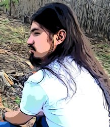 A water-color style photo of Cream Dream, sitting in side profile with part of his back to the camera against a green watercolor background. He is wearing a light blue shirt, jeans, and a wrist watch. His black hair is down his back and he has a mustache.