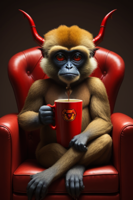 AI generated image of a monkey with devil horns sitting in a red leather chair drinking coffee from a red cup with steam gently rising